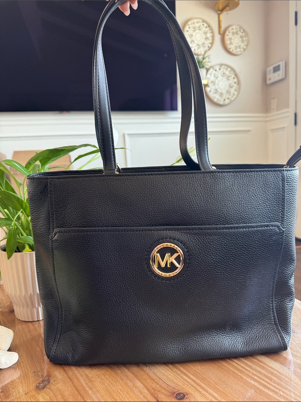 Michael Kors Black Leather Tote with Gold MK Emblem